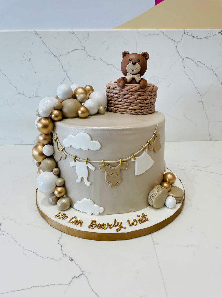 Beige & Gold Teddy Fondant Cake - Rashmi's Bakery