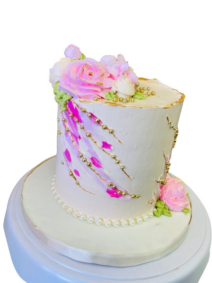 White Cream Layer Cake With Fresh Flowers