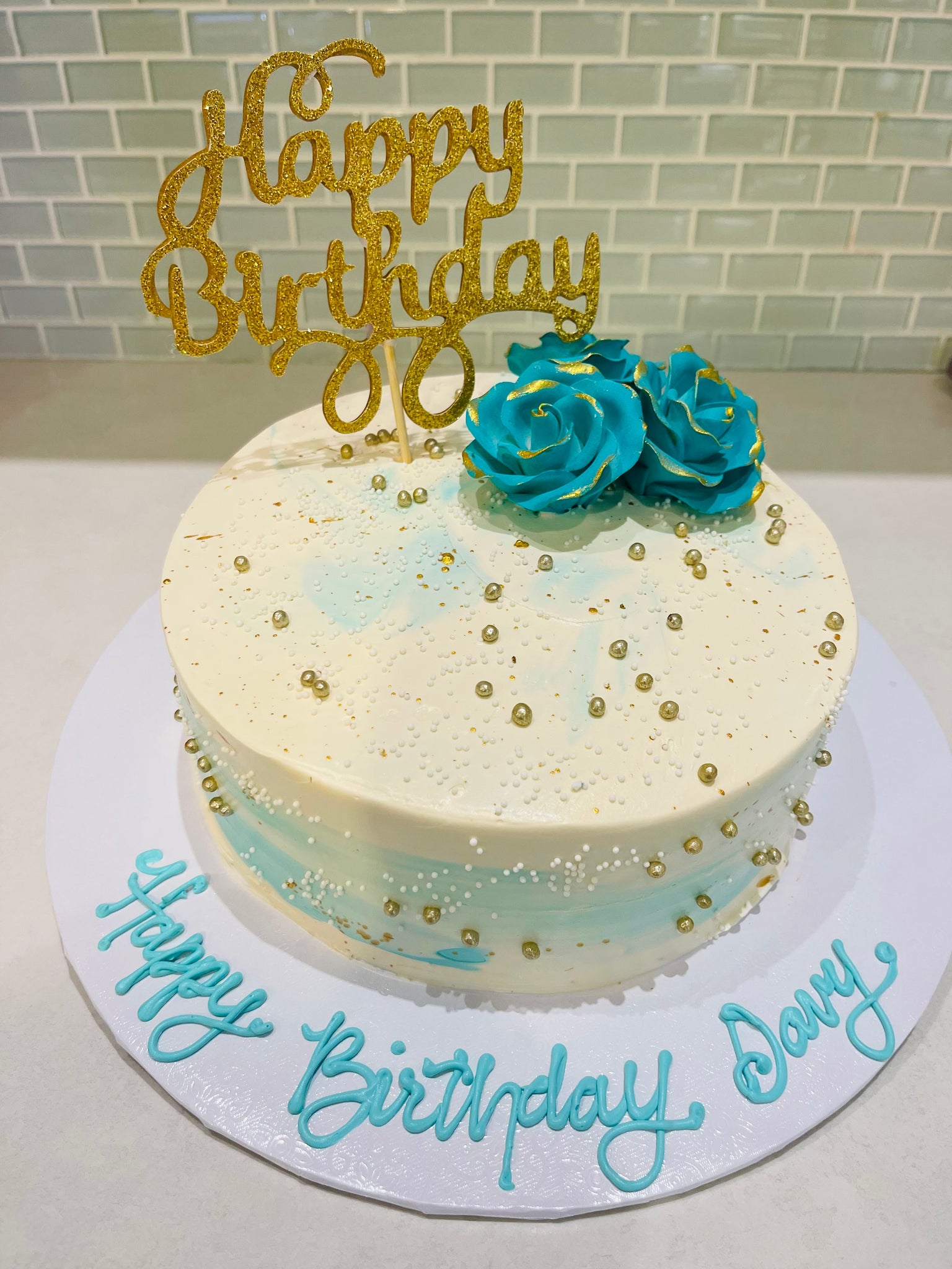 TEAL AND IVORY BIRTHDAY CAKE - Rashmi's Bakery