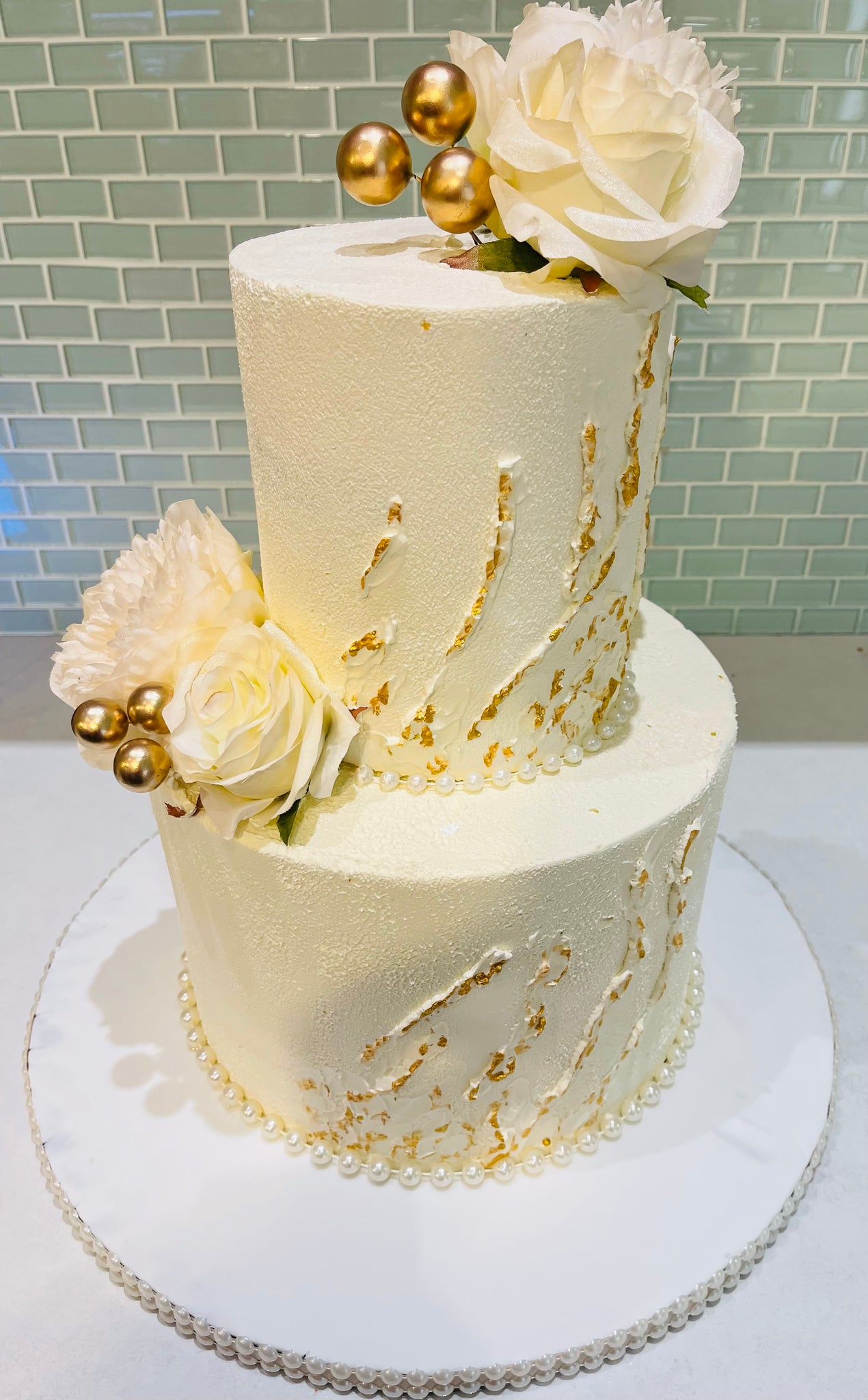 IVORY AND GOLD WEDDING CAKE - Rashmi's Bakery